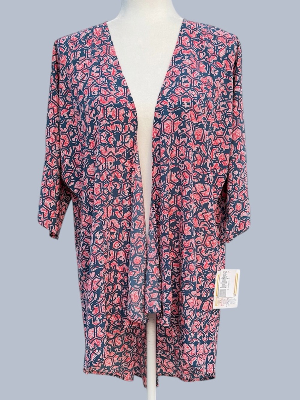LuLaRoe Lindsay Blue & Coral Geometric Hi-Lo Open Front 3/4 Sleeve Kimono, Small